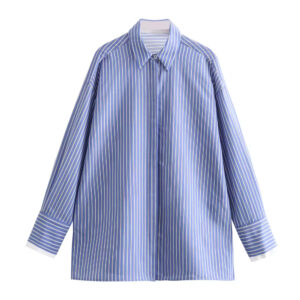 Turn down collar drop shoulder blue striped plus over size loose women's blouses & shirts